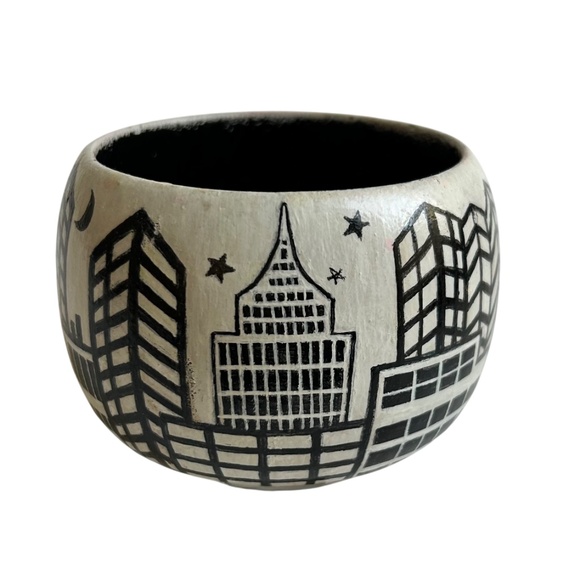 Cityscape Buildings Black and White Handpainted Wide Wood Bracelet - Picture 1 of 6